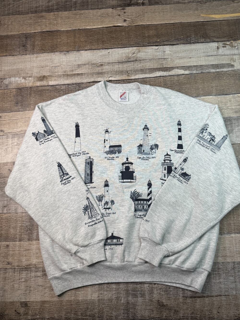 Vintage Jerzees Womens L Lighthouse AOP Crewneck Sweatshirt Cottage Grandma 90s
